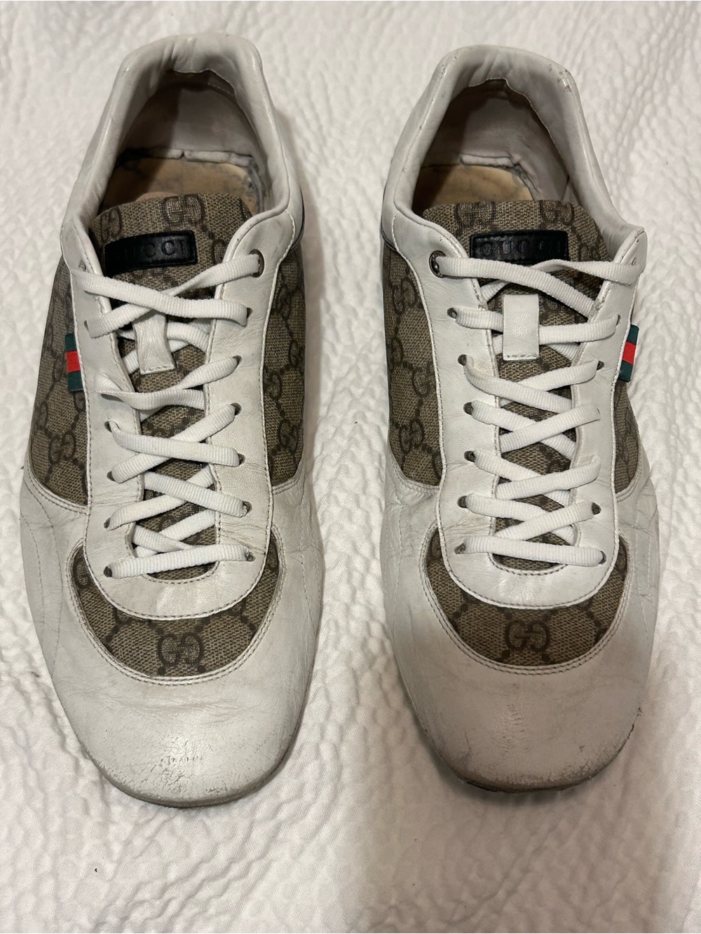 Vintage Gucci White, Beige & Green-Red Web GG Canvas Low-Top Sneakers